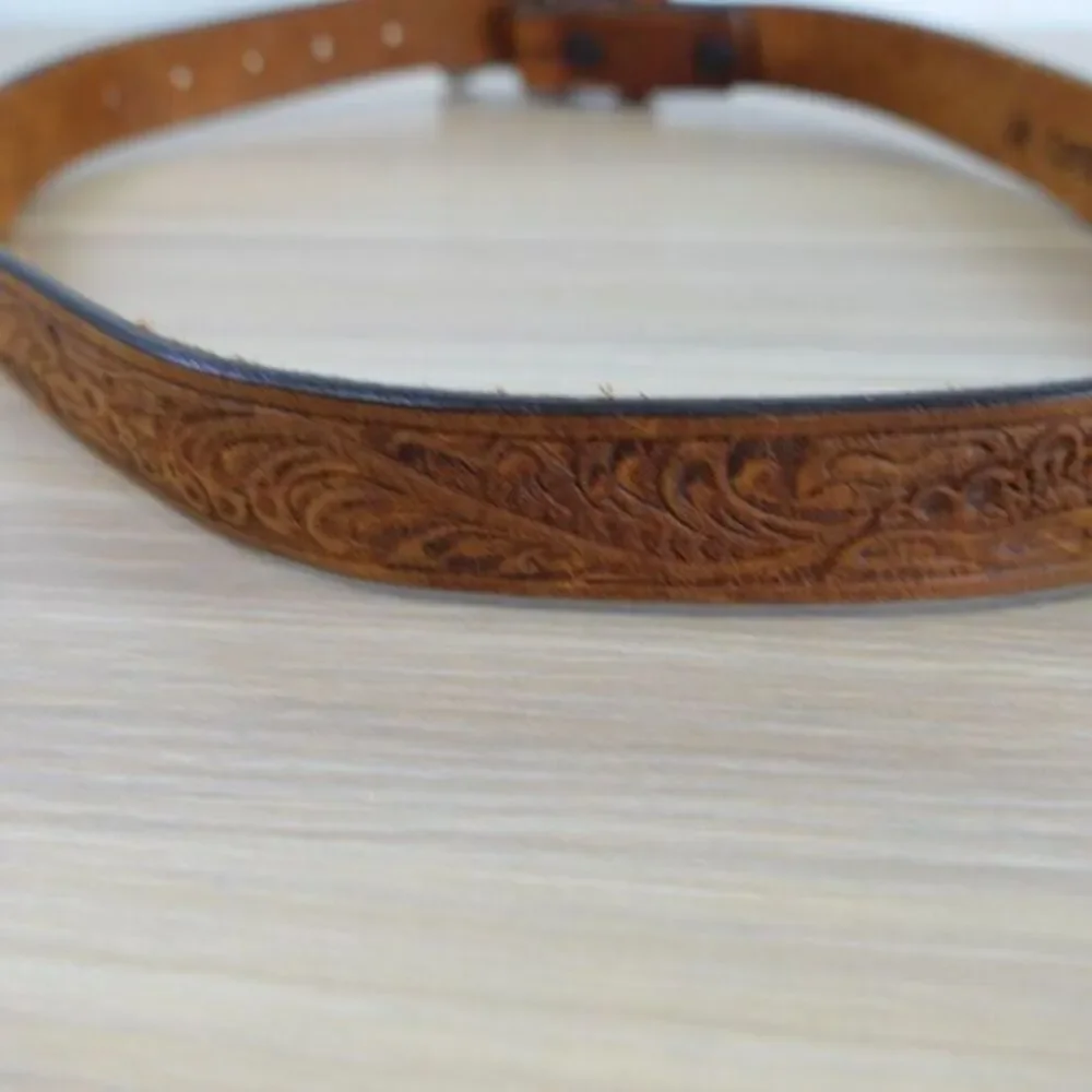 Western Top Grain Leather Belt‎ XS 28 JUSTIN Brown Tooled Rodeo Cowboy Buckle